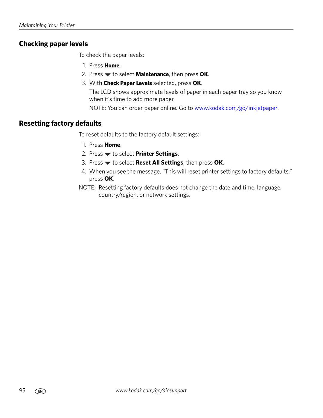 Kodak 5.1 manual Checking paper levels, Resetting factory defaults 