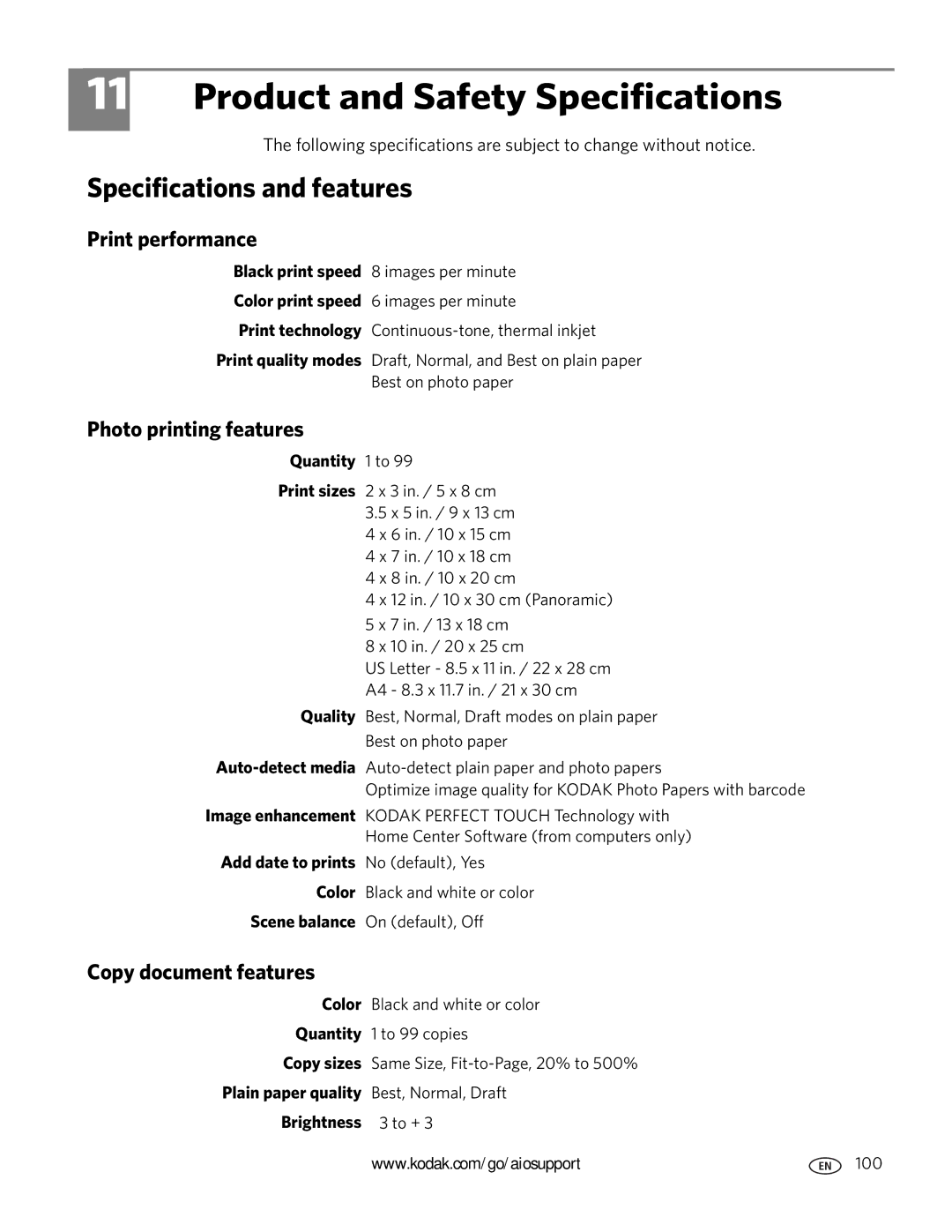 Kodak 5.1 manual Product and Safety Specifications, Specifications and features, Print performance, Photo printing features 