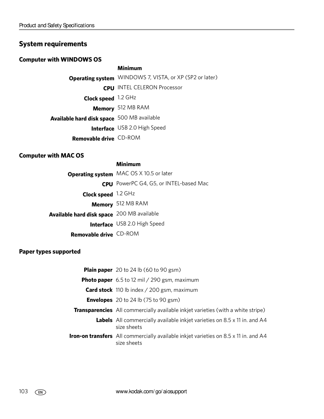 Kodak 5.1 manual System requirements, Computer with Windows OS, Computer with MAC OS, Paper types supported 