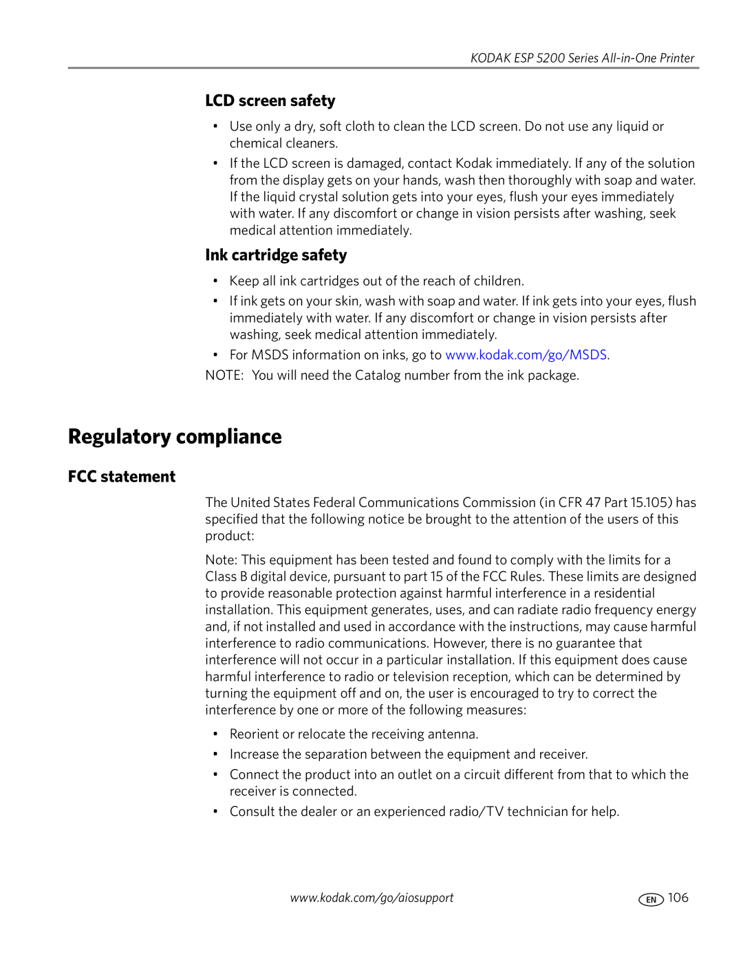 Kodak 5.1 manual Regulatory compliance, LCD screen safety, Ink cartridge safety, FCC statement 