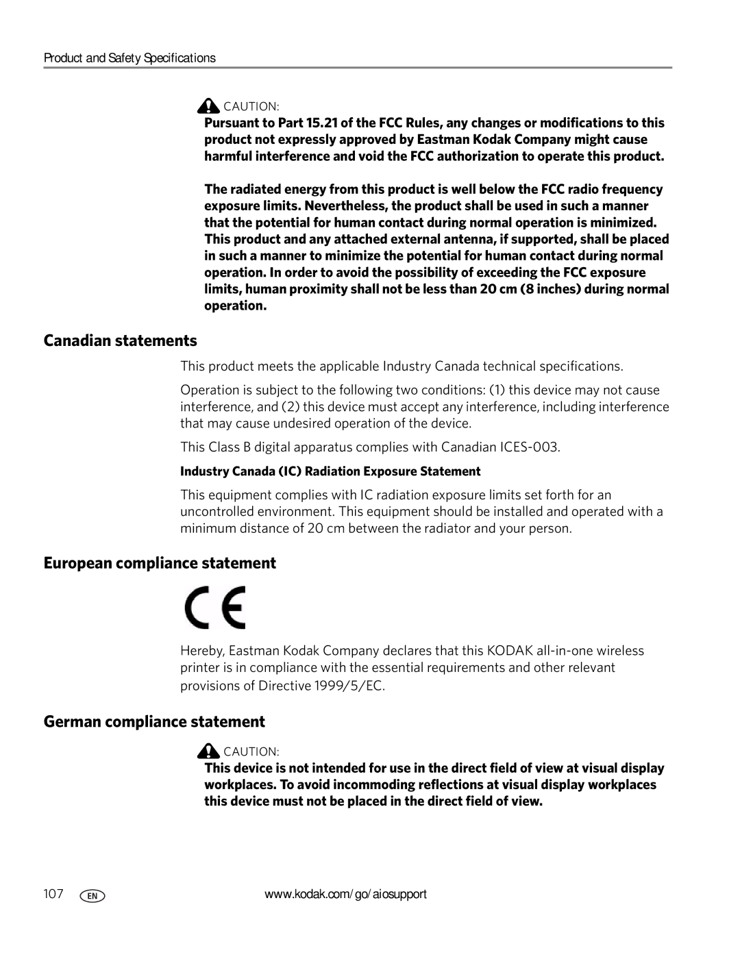 Kodak 5.1 manual Canadian statements, European compliance statement, German compliance statement 