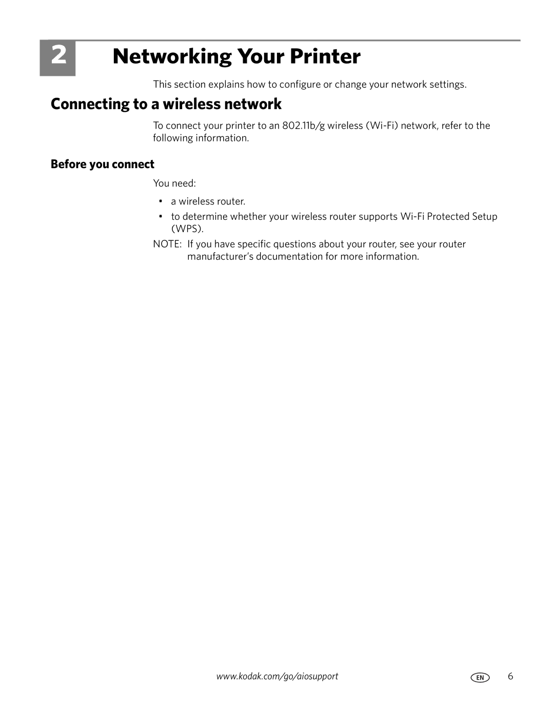 Kodak 5.1 manual Networking Your Printer, Connecting to a wireless network, Before you connect 