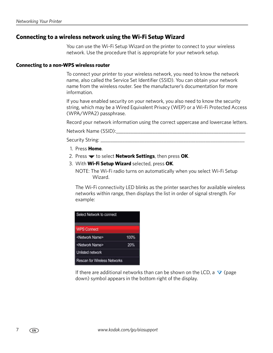 Kodak 5.1 manual Connecting to a non-WPS wireless router 