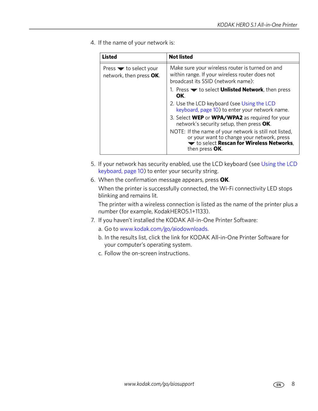 Kodak 5.1 manual If the name of your network is, Listed Not listed 