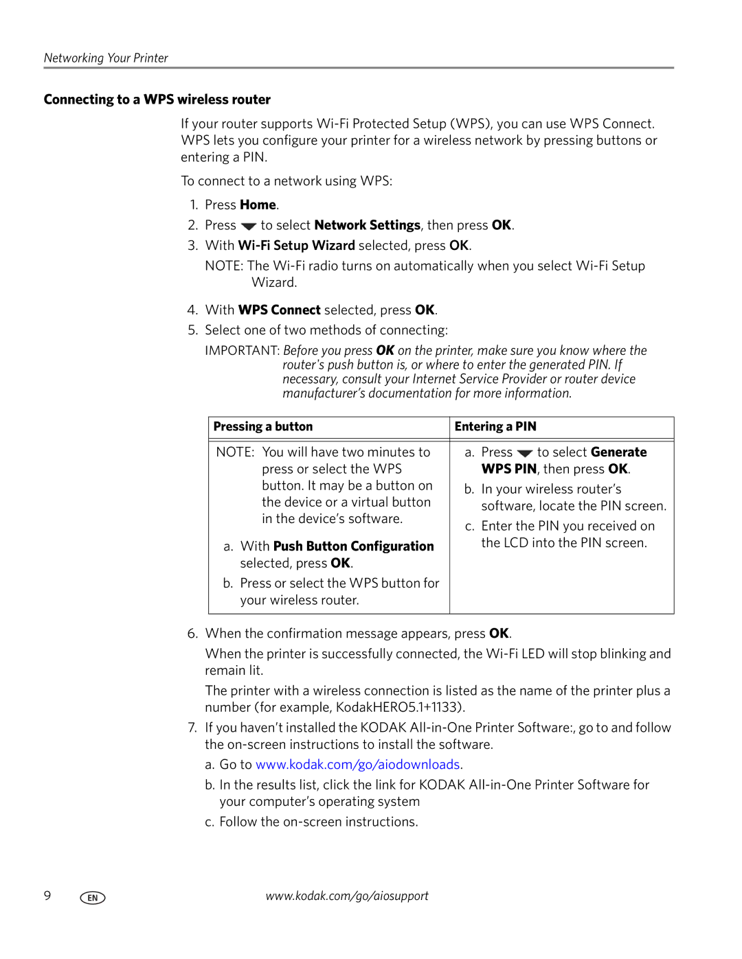 Kodak 5.1 manual Connecting to a WPS wireless router, Pressing a button, With Push Button Configuration 