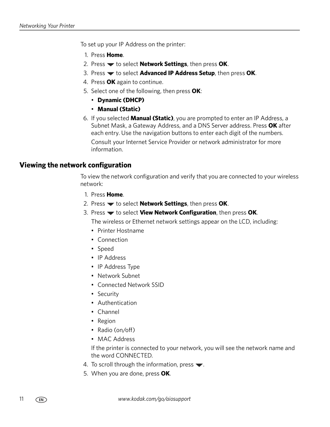 Kodak 5.1 manual Viewing the network configuration, Dynamic Dhcp Manual Static 