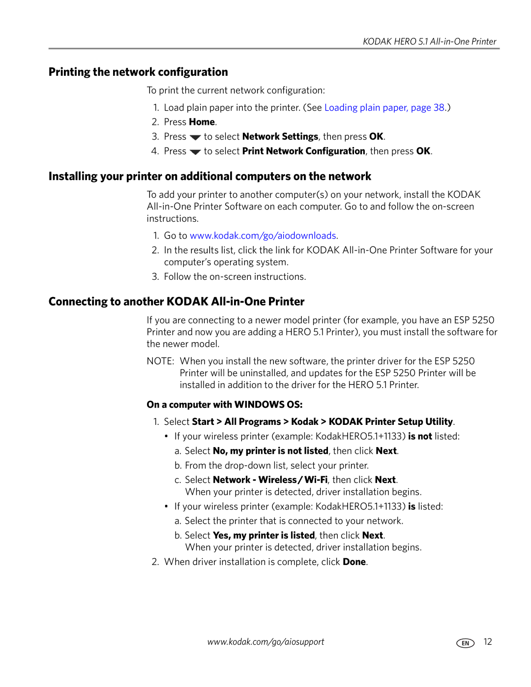 Kodak 5.1 manual Printing the network configuration, Connecting to another Kodak All-in-One Printer 