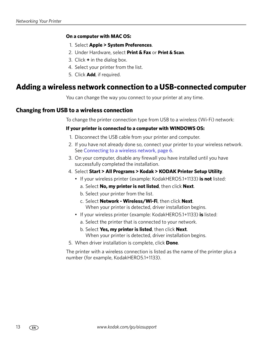 Kodak 5.1 manual Changing from USB to a wireless connection, On a computer with MAC OS Select Apple System Preferences 