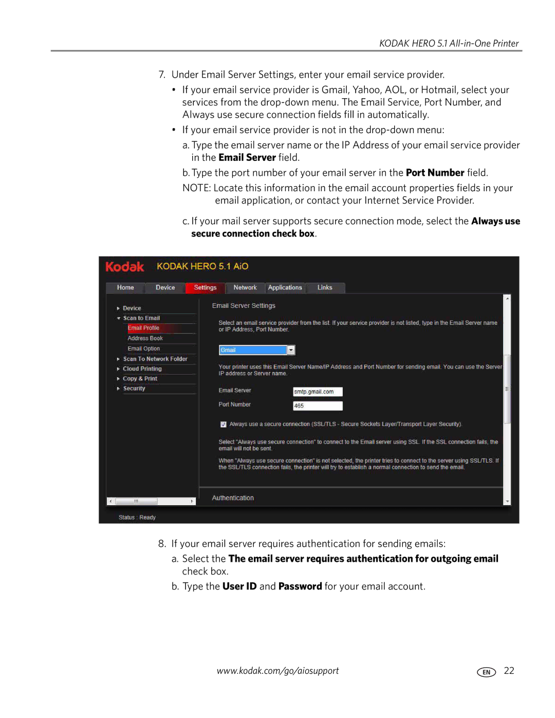 Kodak 5.1 manual Type the User ID and Password for your email account 