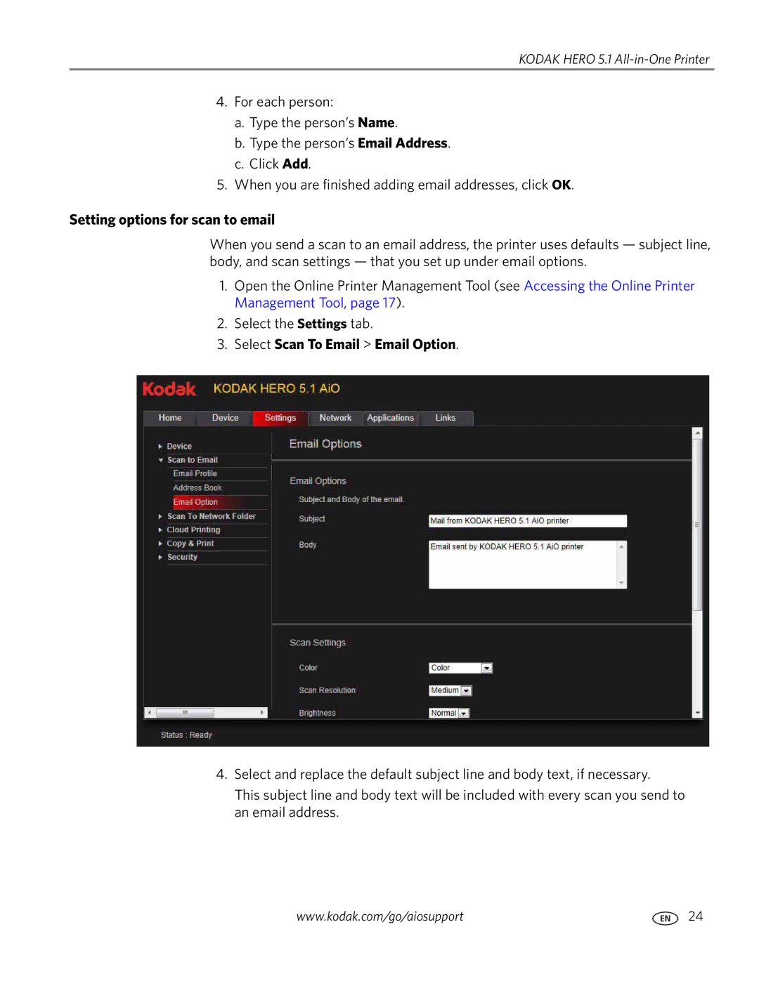 Kodak 5.1 manual Setting options for scan to email, Select Scan To Email Email Option 