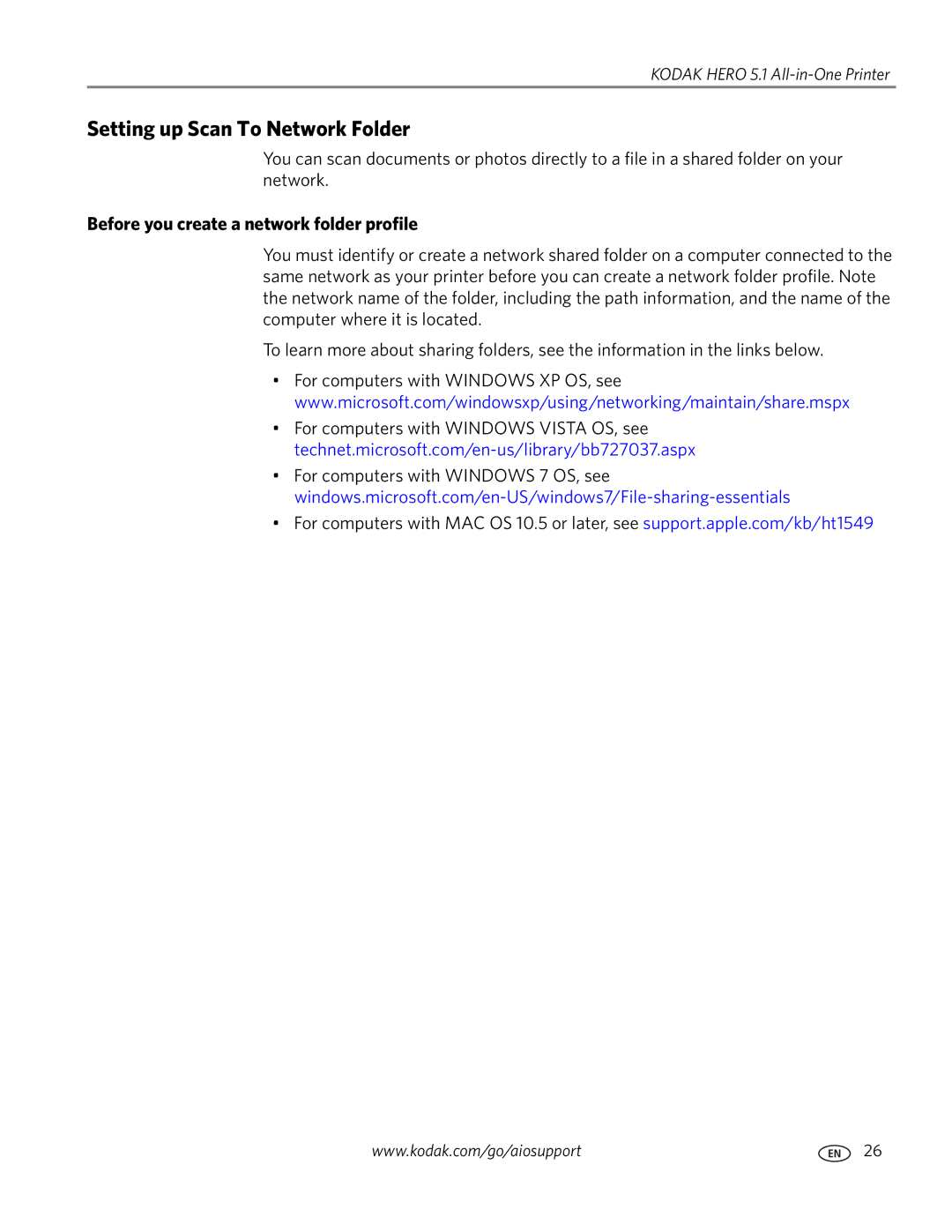 Kodak 5.1 manual Setting up Scan To Network Folder, Before you create a network folder profile 