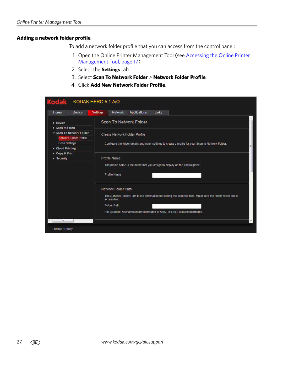 Kodak 5.1 manual Adding a network folder profile 