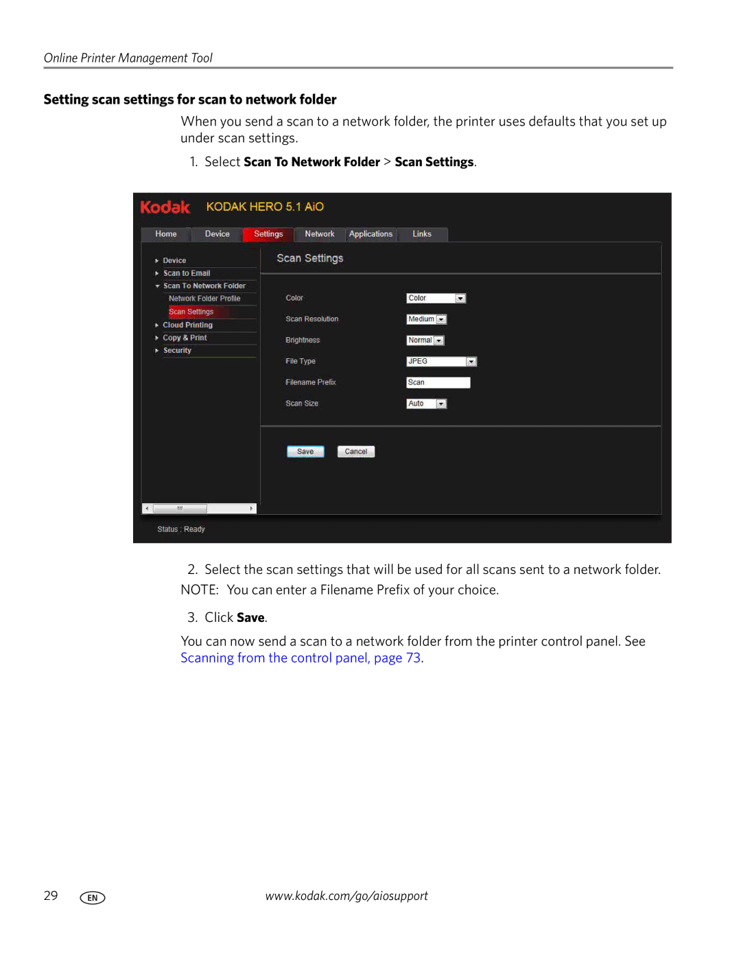 Kodak 5.1 manual Setting scan settings for scan to network folder, Select Scan To Network Folder Scan Settings 