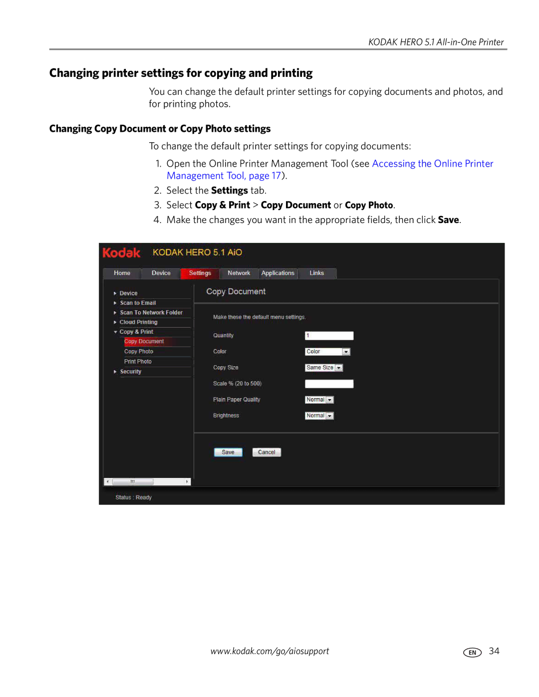 Kodak 5.1 manual Changing printer settings for copying and printing, Changing Copy Document or Copy Photo settings 