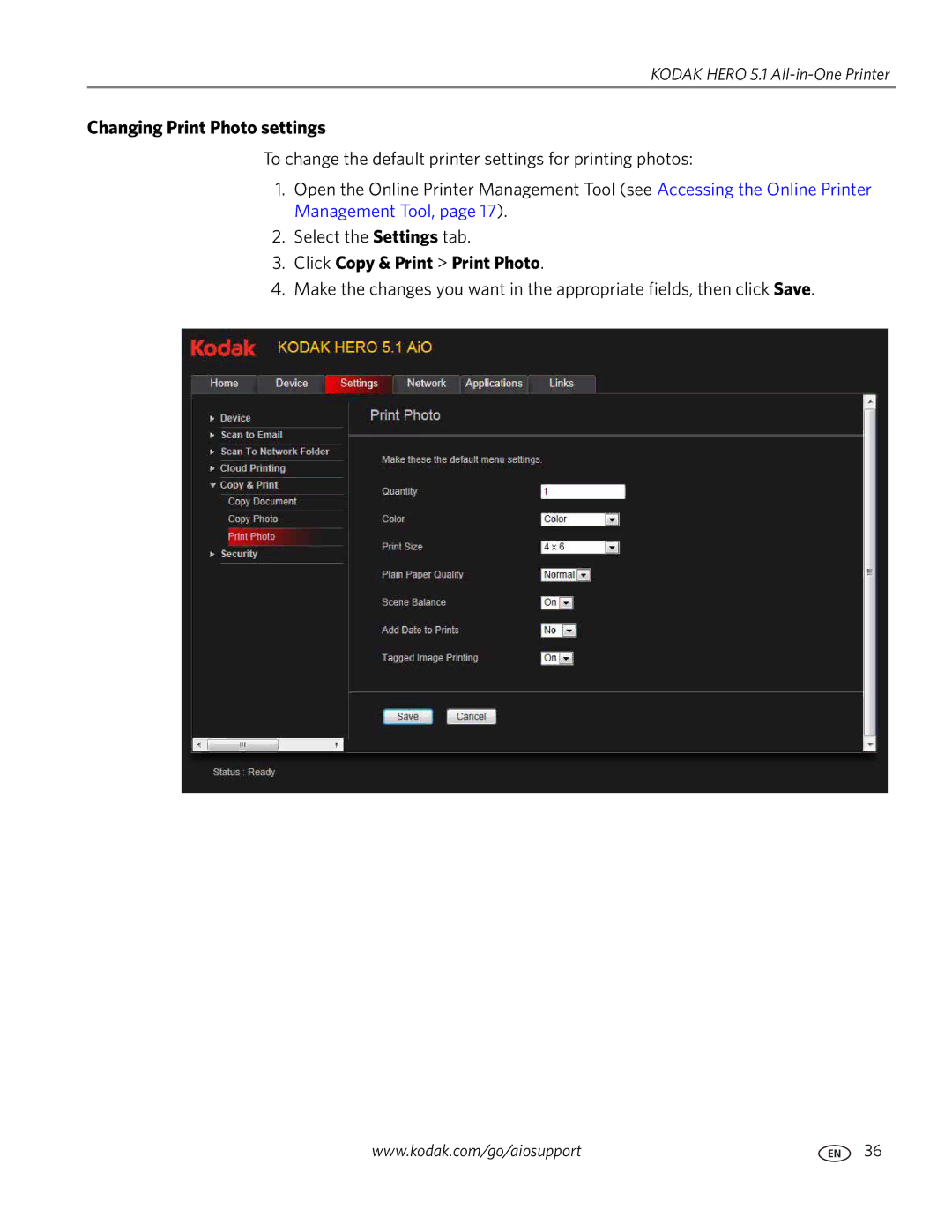 Kodak 5.1 manual Changing Print Photo settings, Click Copy & Print Print Photo 