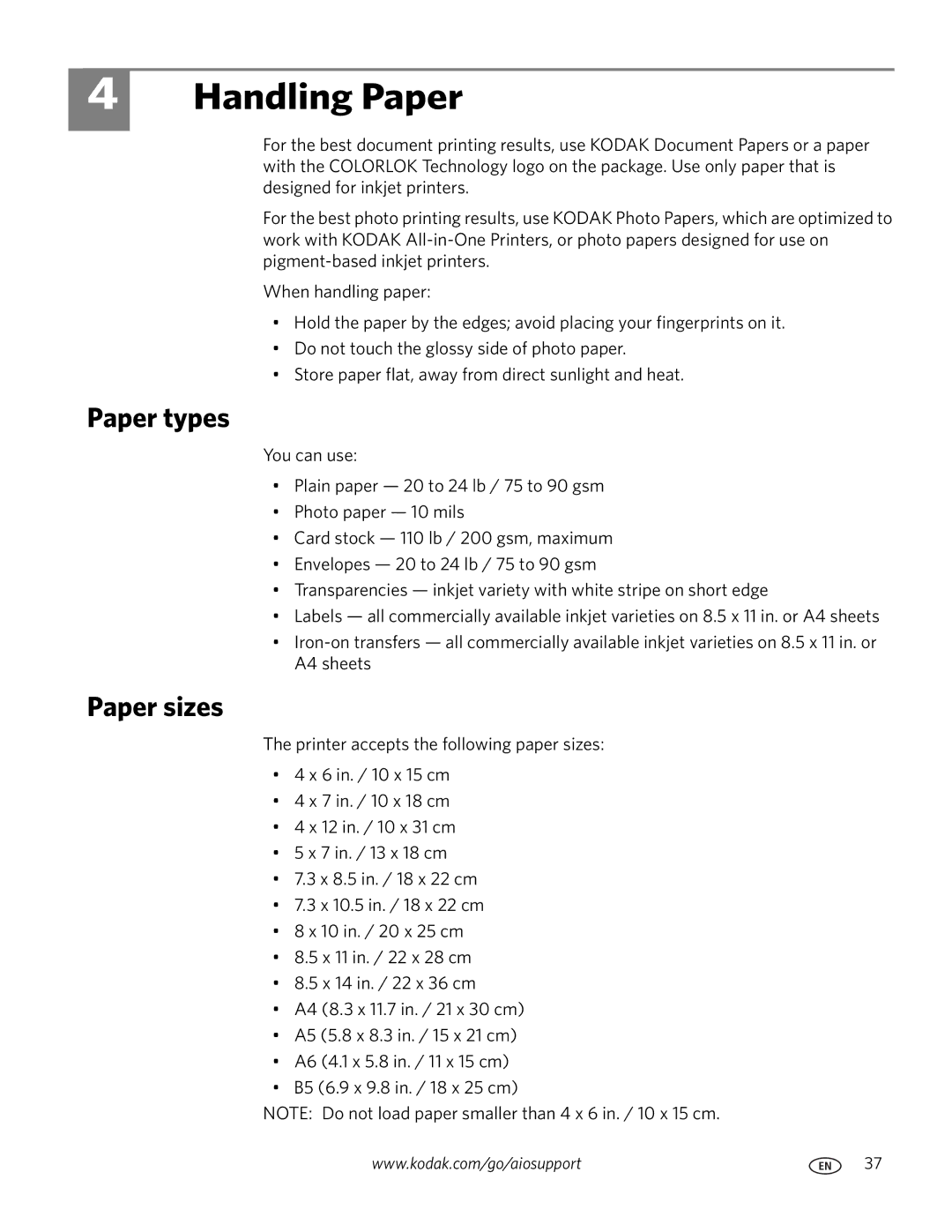 Kodak 5.1 manual Handling Paper, Paper types, Paper sizes 