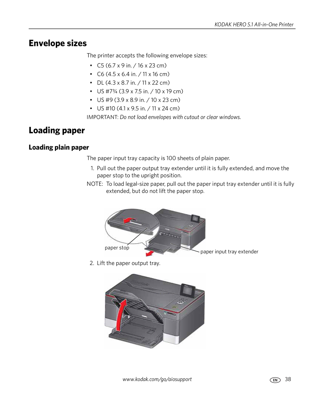 Kodak 5.1 manual Envelope sizes, Loading paper, Loading plain paper 