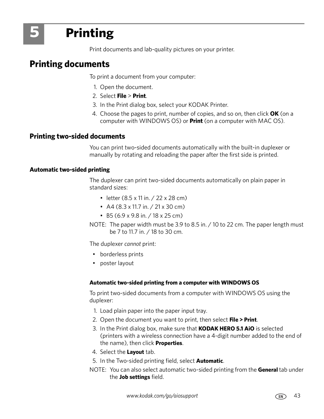 Kodak 5.1 manual Printing documents, Printing two-sided documents, Automatic two-sided printing 