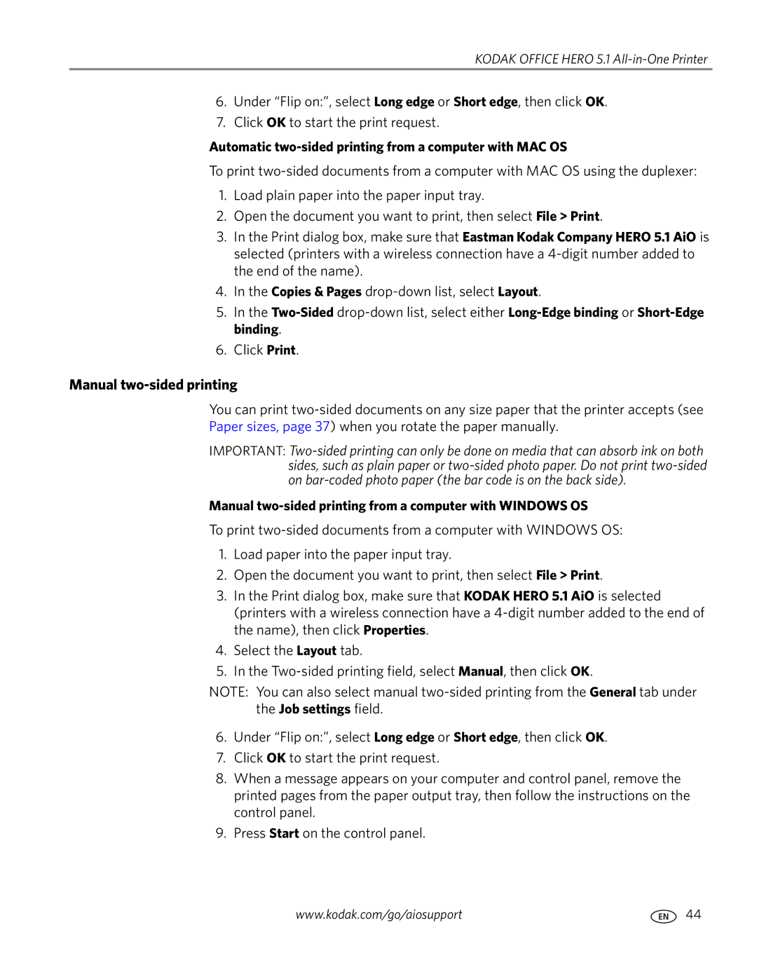 Kodak 5.1 manual Manual two-sided printing, Automatic two-sided printing from a computer with MAC OS 