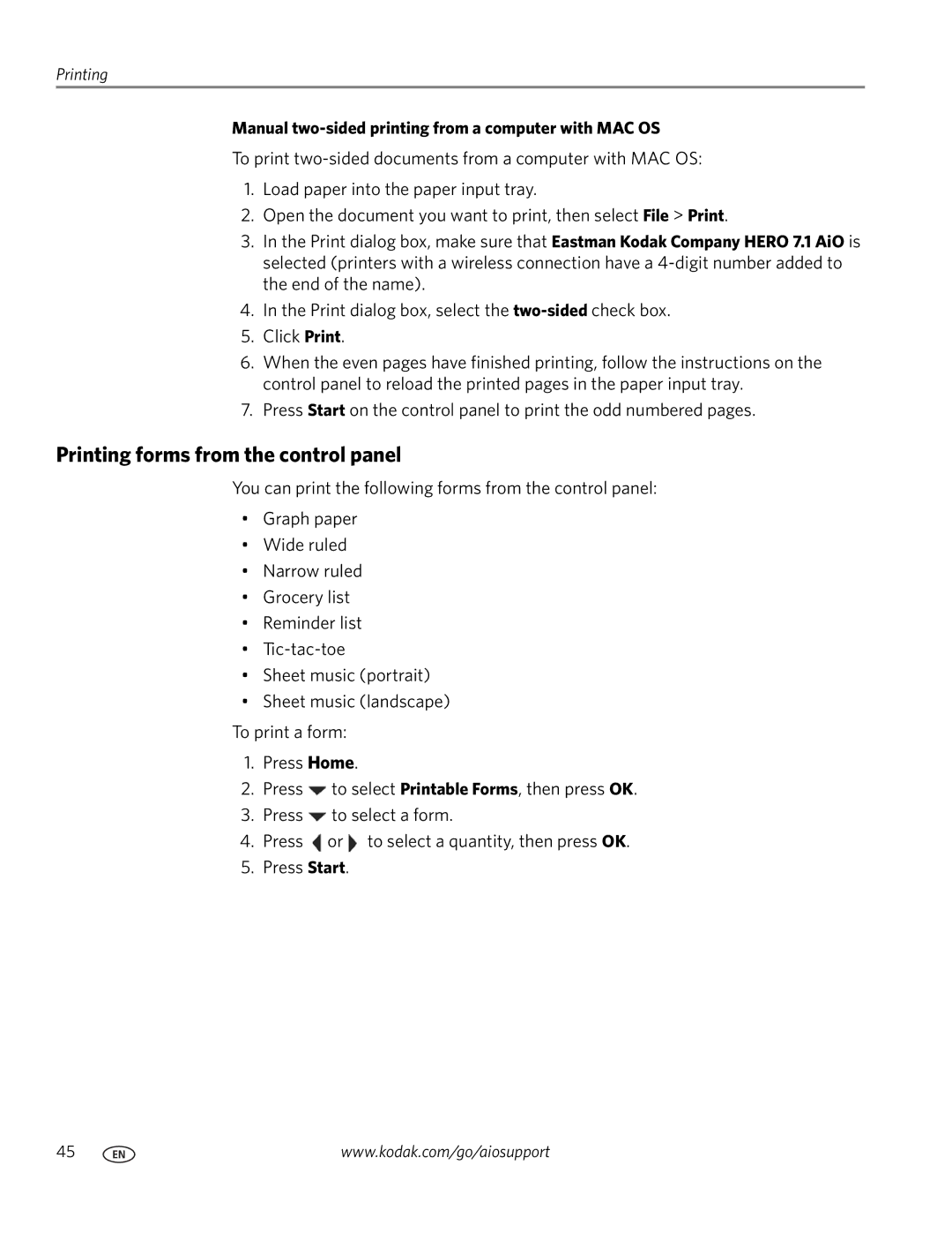 Kodak 5.1 manual Printing forms from the control panel, Manual two-sided printing from a computer with MAC OS 