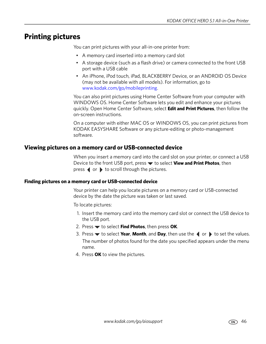 Kodak 5.1 manual Printing pictures, Viewing pictures on a memory card or USB-connected device 