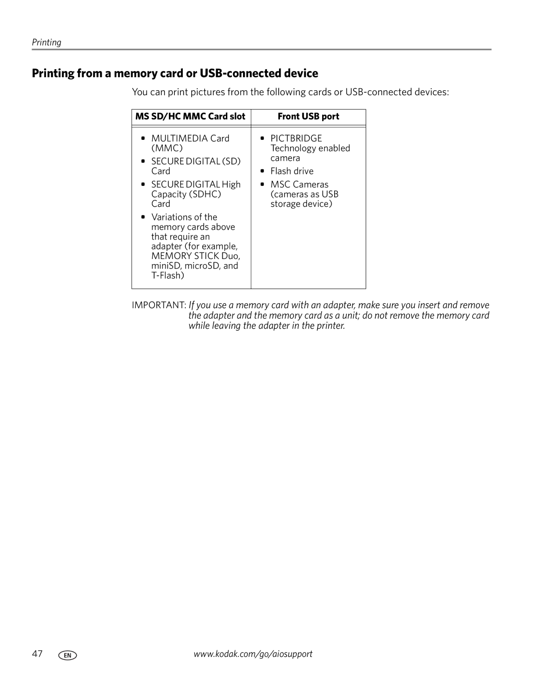 Kodak 5.1 manual Printing from a memory card or USB-connected device, Front USB port 