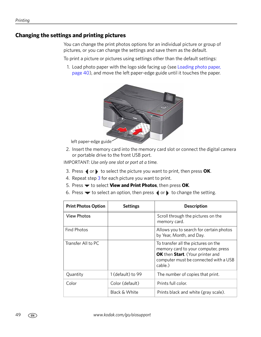 Kodak 5.1 manual Changing the settings and printing pictures, Settings Description 