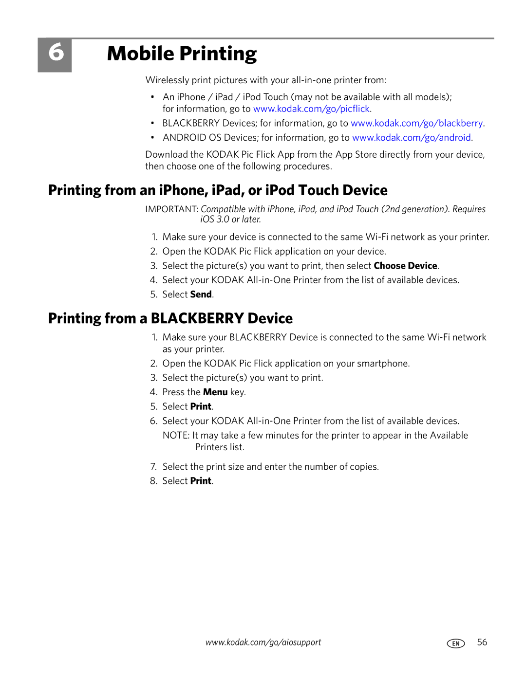 Kodak 5.1 manual Mobile Printing, Printing from an iPhone, iPad, or iPod Touch Device, Printing from a Blackberry Device 