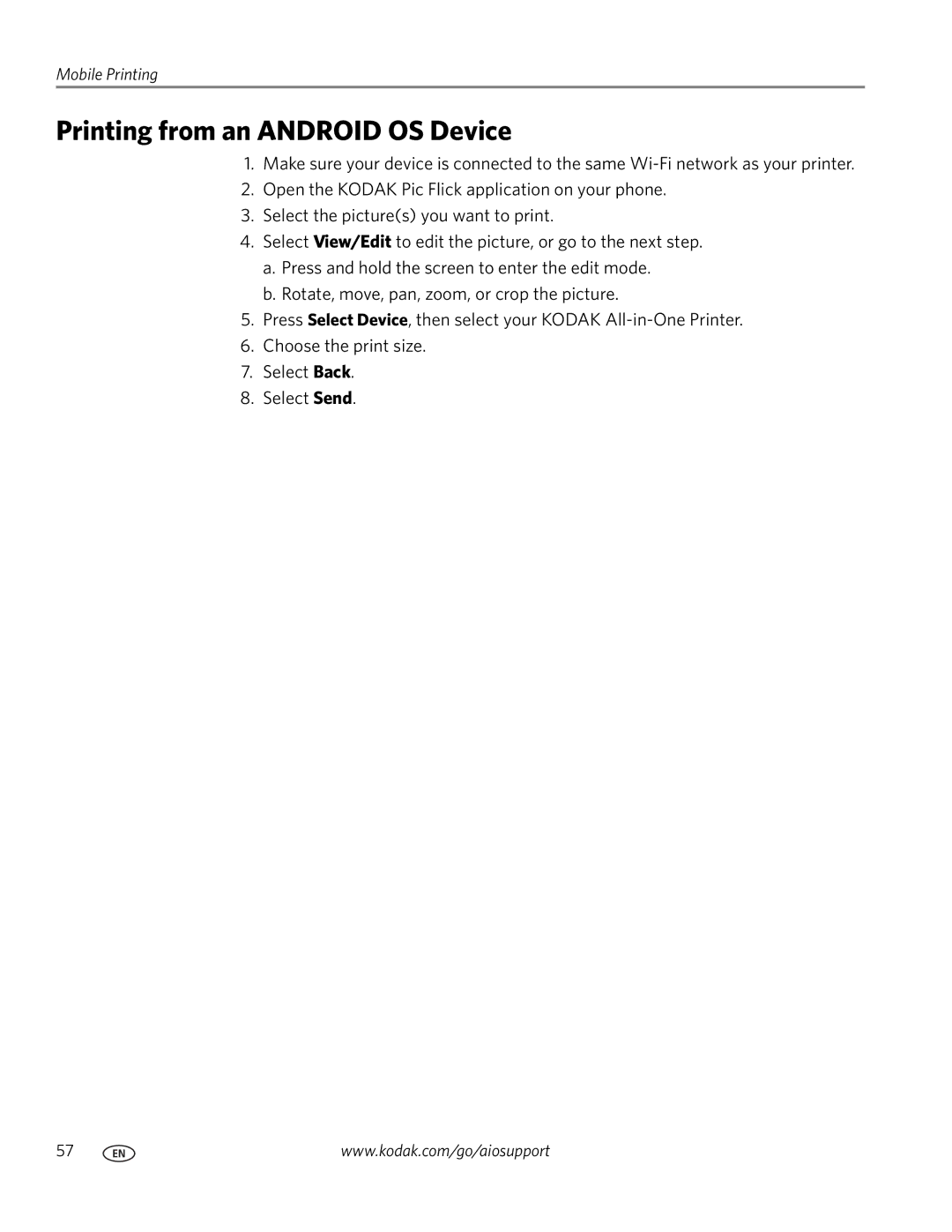 Kodak 5.1 manual Printing from an Android OS Device 