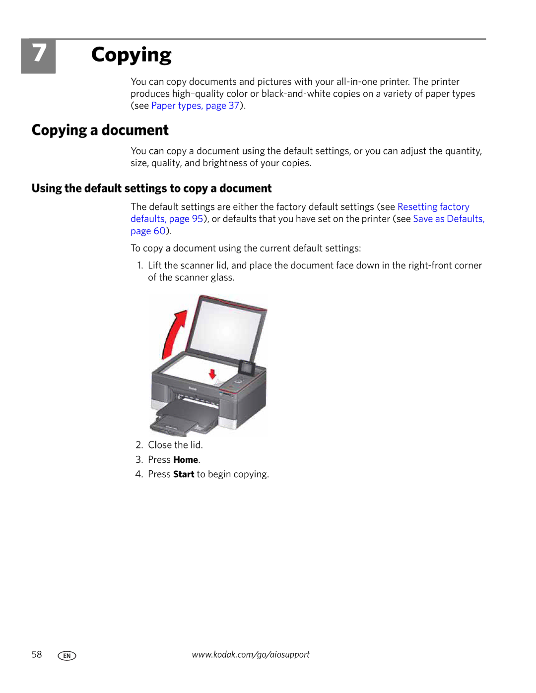 Kodak 5.1 manual Copying a document, Using the default settings to copy a document 