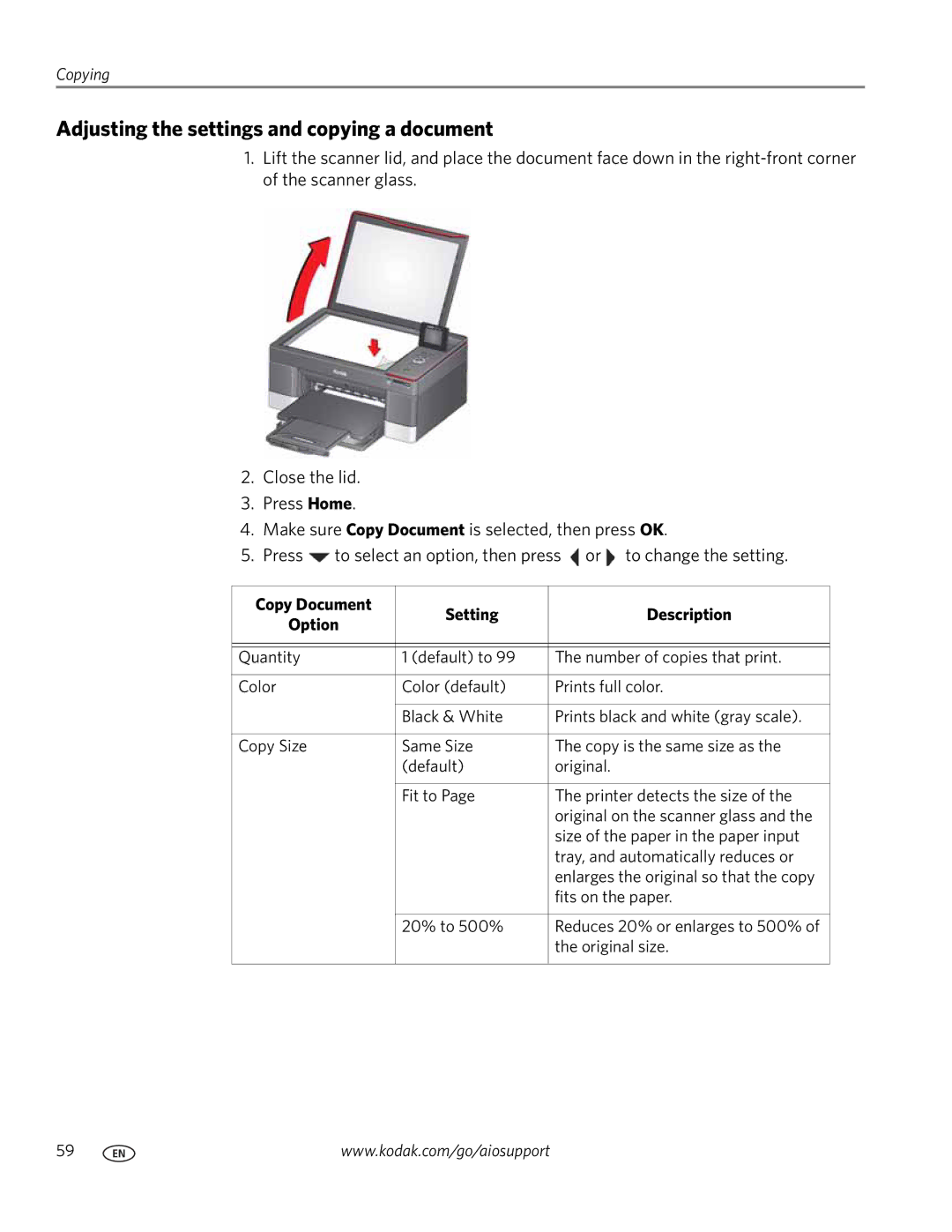 Kodak 5.1 manual Adjusting the settings and copying a document, Copy Document Setting Description 