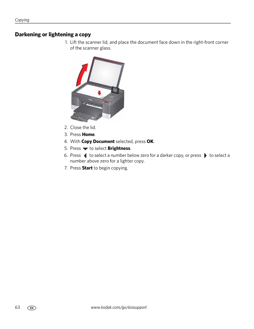 Kodak 5.1 manual Darkening or lightening a copy 