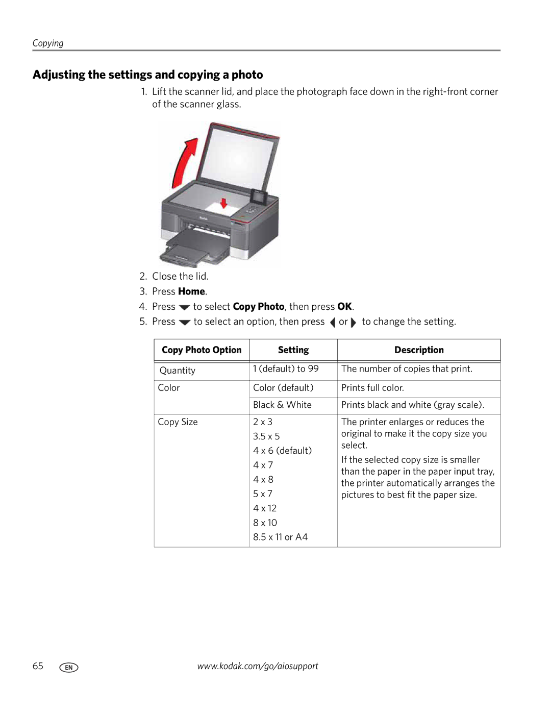 Kodak 5.1 manual Adjusting the settings and copying a photo, Copy Photo Option Setting Description 