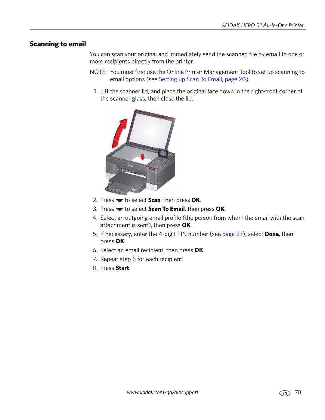 Kodak 5.1 manual Scanning to email 