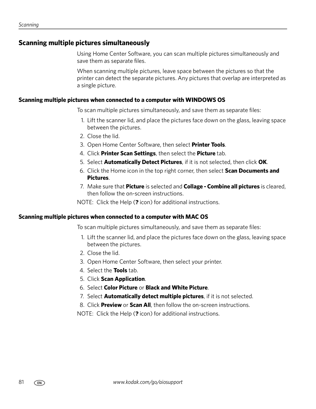 Kodak 5.1 manual Scanning multiple pictures simultaneously, Click Printer Scan Settings, then select the Picture tab 