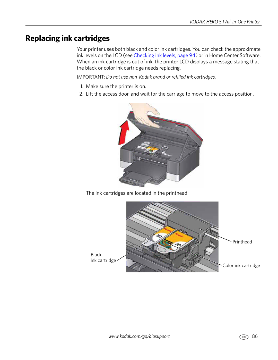 Kodak 5.1 manual Replacing ink cartridges 