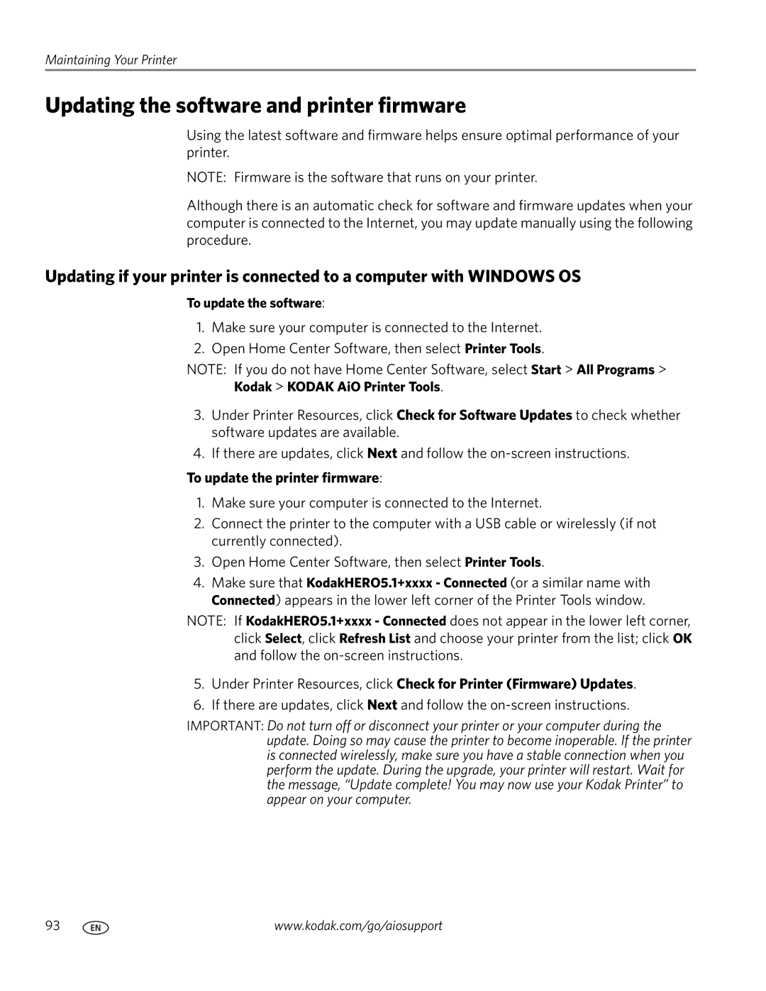 Kodak 5.1 manual Updating the software and printer firmware, To update the printer firmware, To update the software 