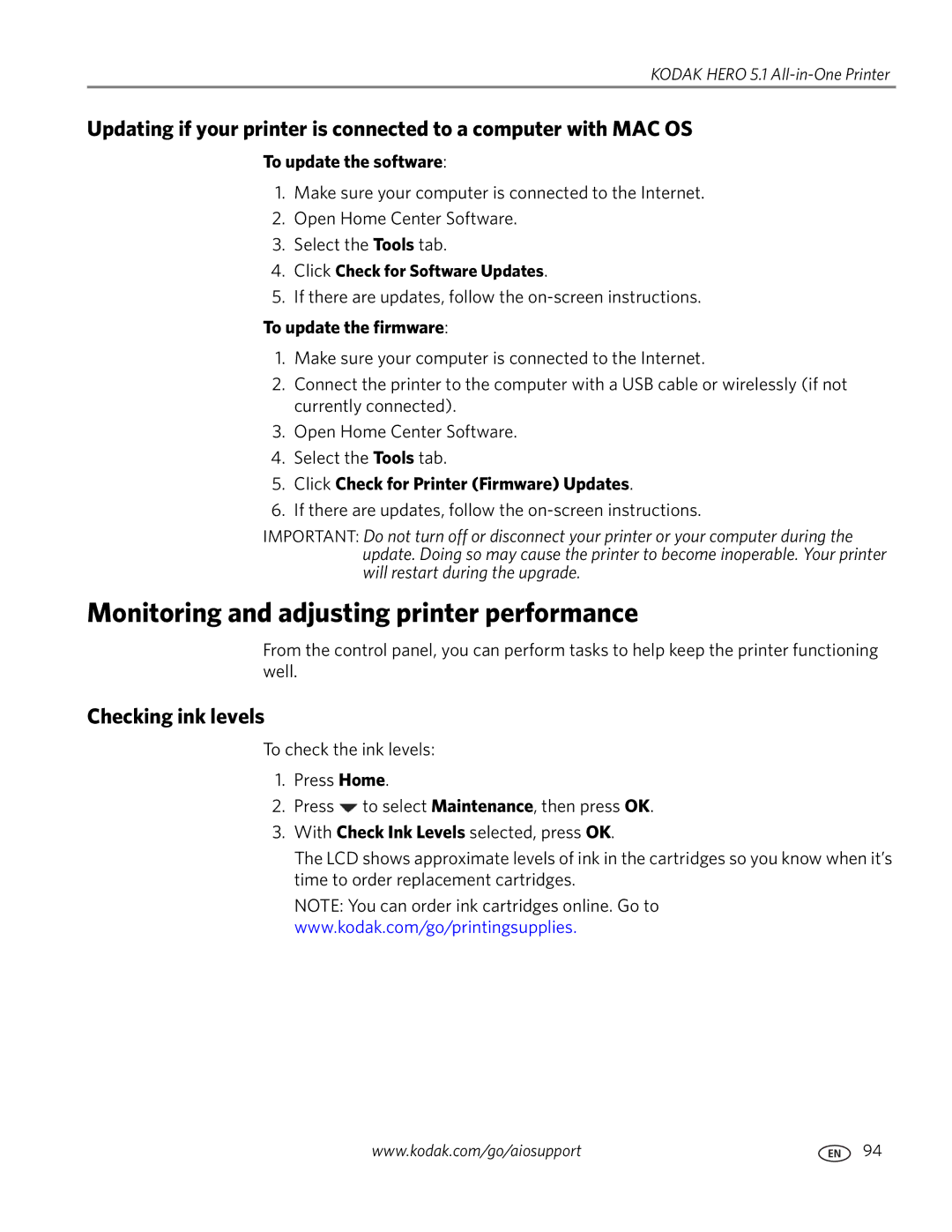 Kodak 5.1 manual Monitoring and adjusting printer performance, Checking ink levels, To update the software 