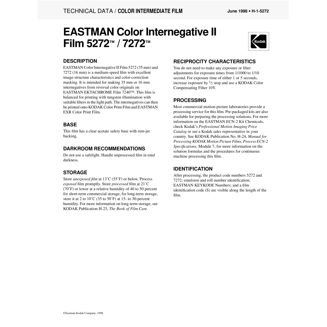 Kodak 7272TM specifications Description, Base, Darkroom Recommendations, Reciprocity Characteristics, Processing, Storage 