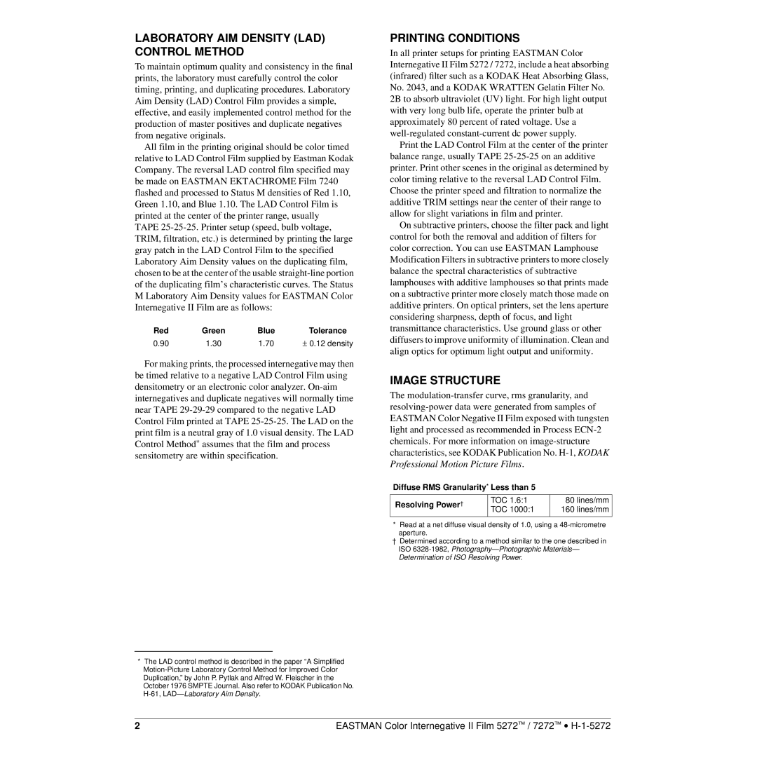 Kodak 5272TM Laboratory AIM Density LAD Control Method, Printing Conditions, Image Structure, ± 0.12 density, TOC Lines/mm 