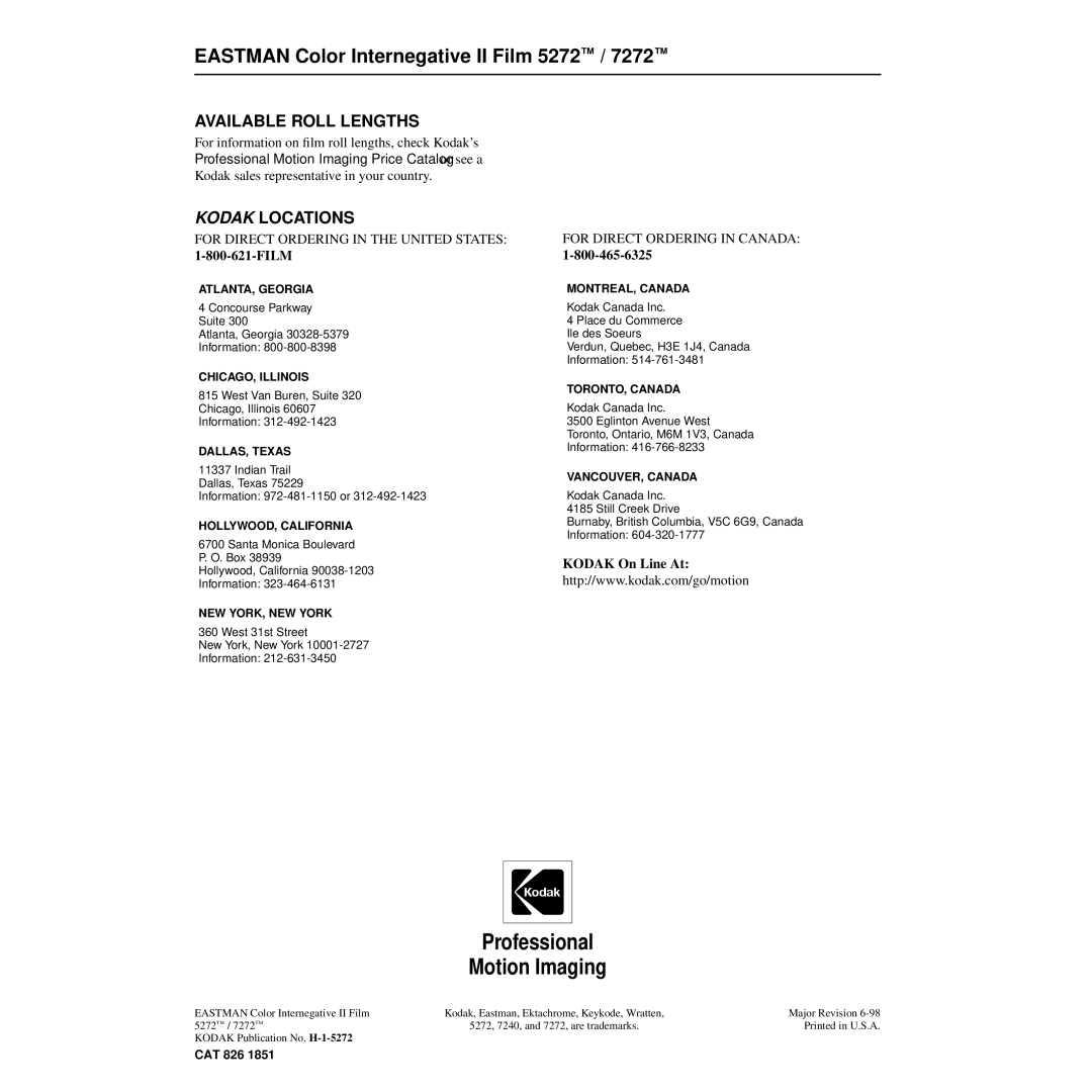 Kodak 5272TM, 7272TM specifications Available Roll Lengths, Kodak Locations 