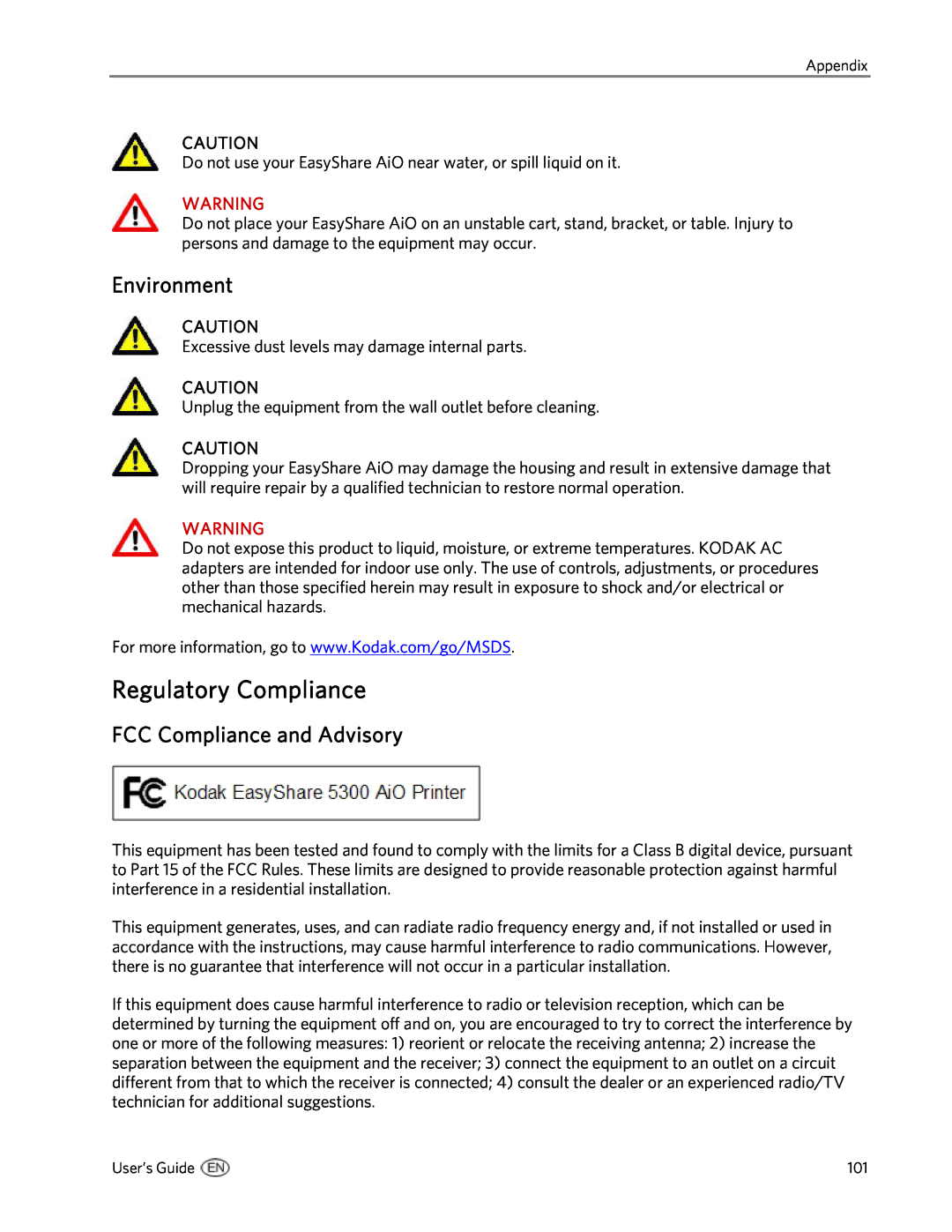 Kodak 5300 manual Regulatory Compliance, Environment, FCC Compliance and Advisory 