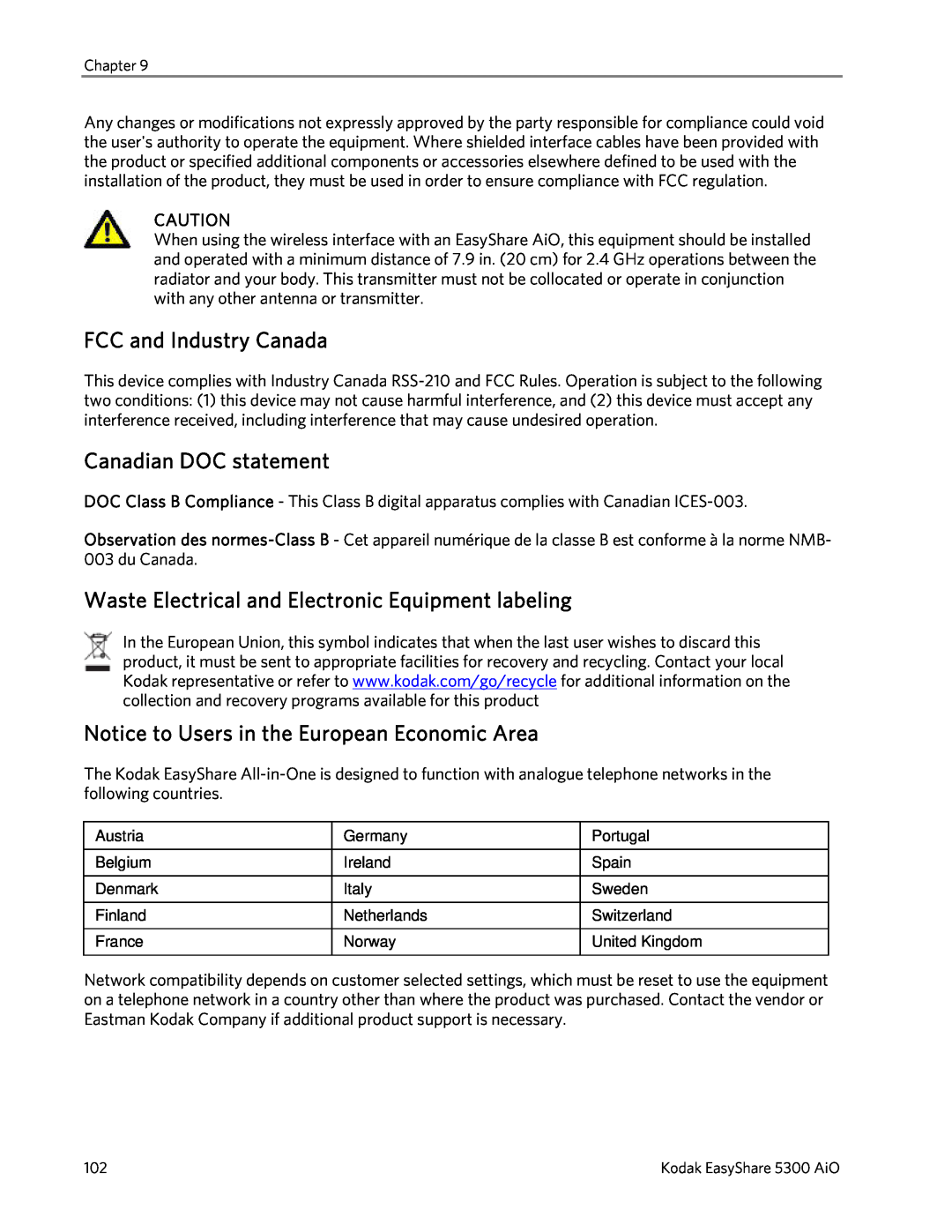 Kodak 5300 manual FCC and Industry Canada, Canadian DOC statement, Waste Electrical and Electronic Equipment labeling 