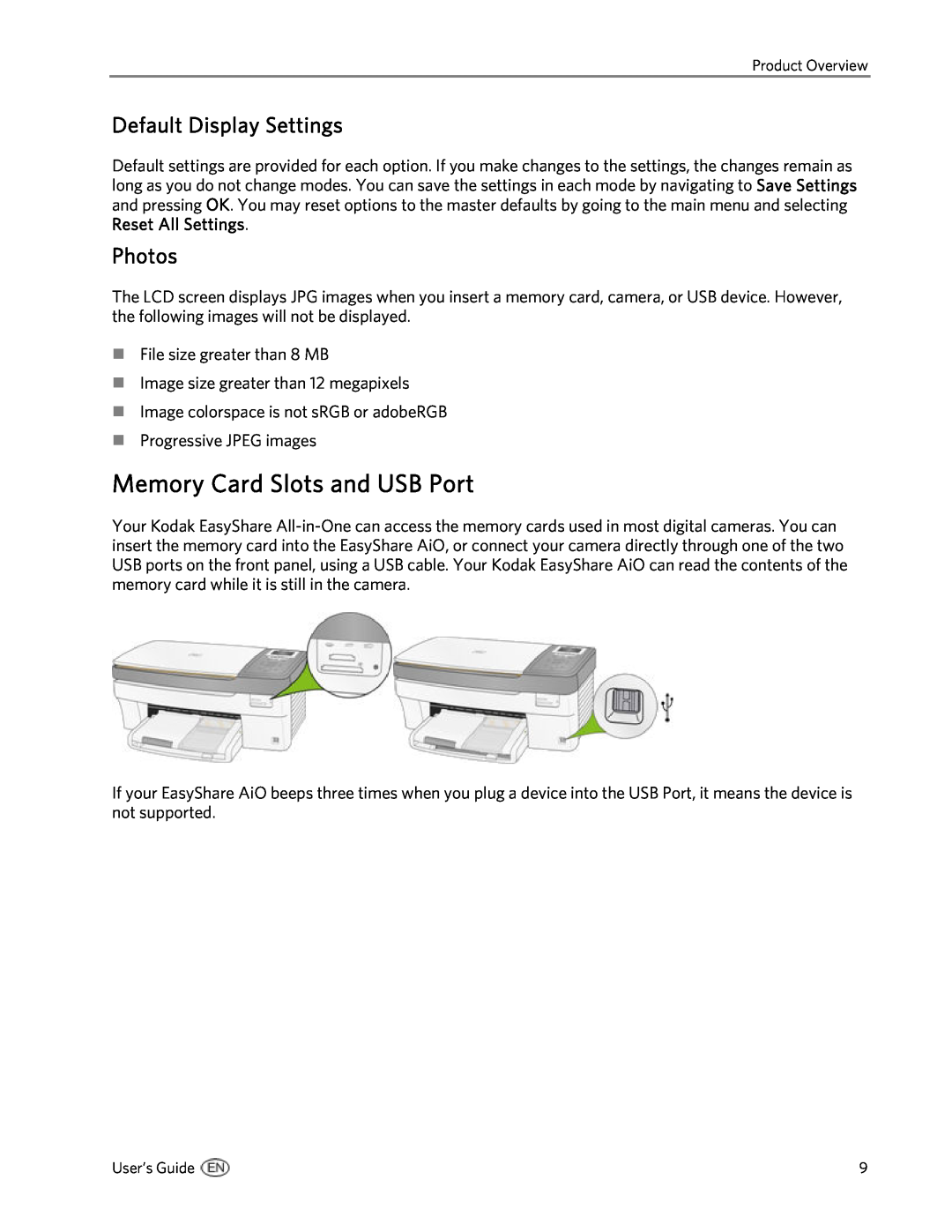 Kodak 5300 manual Memory Card Slots and USB Port, Default Display Settings, Photos 