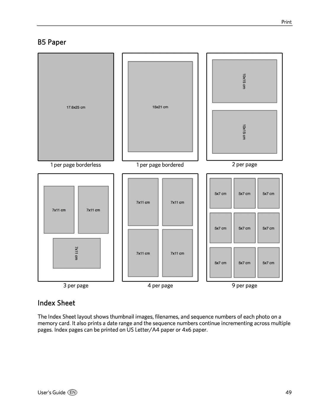 Kodak 5300 manual B5 Paper, Index Sheet, per page borderless, per page bordered 