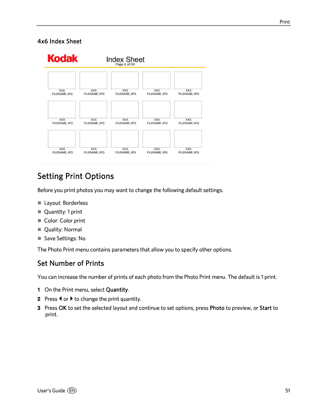 Kodak 5300 manual Setting Print Options, Set Number of Prints, 4x6 Index Sheet 