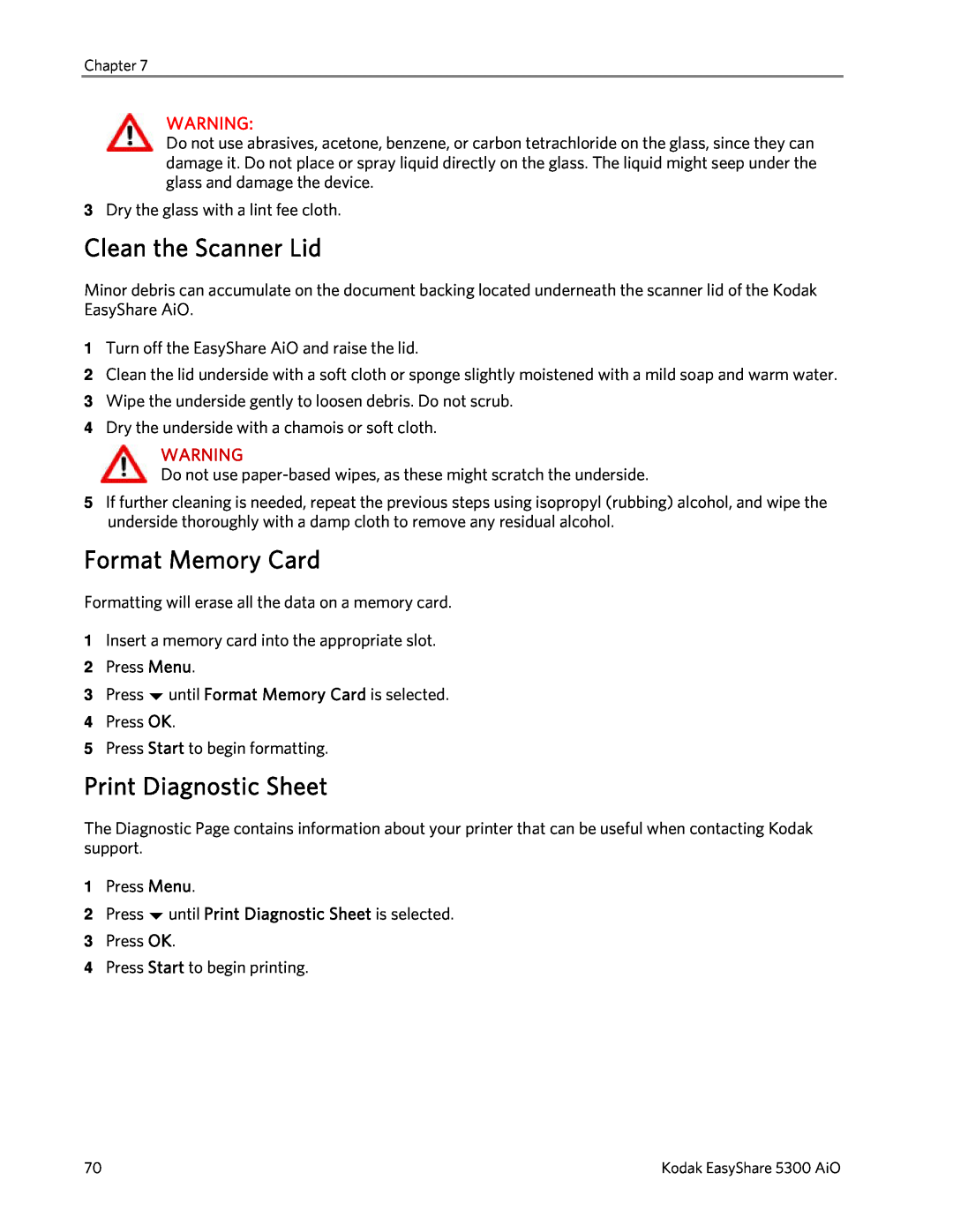 Kodak 5300 manual Clean the Scanner Lid, Format Memory Card, Print Diagnostic Sheet 