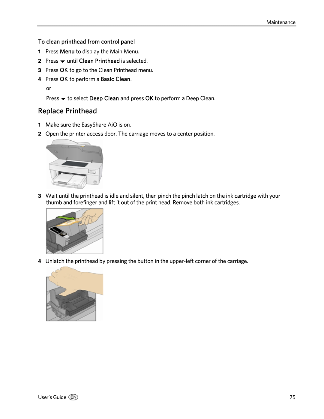 Kodak 5300 manual Replace Printhead, To clean printhead from control panel 