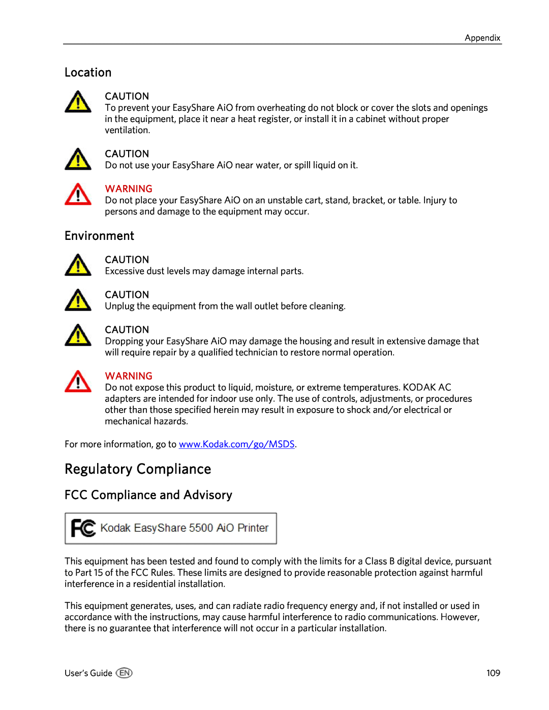 Kodak 5500 manual Regulatory Compliance, Location, Environment, FCC Compliance and Advisory 