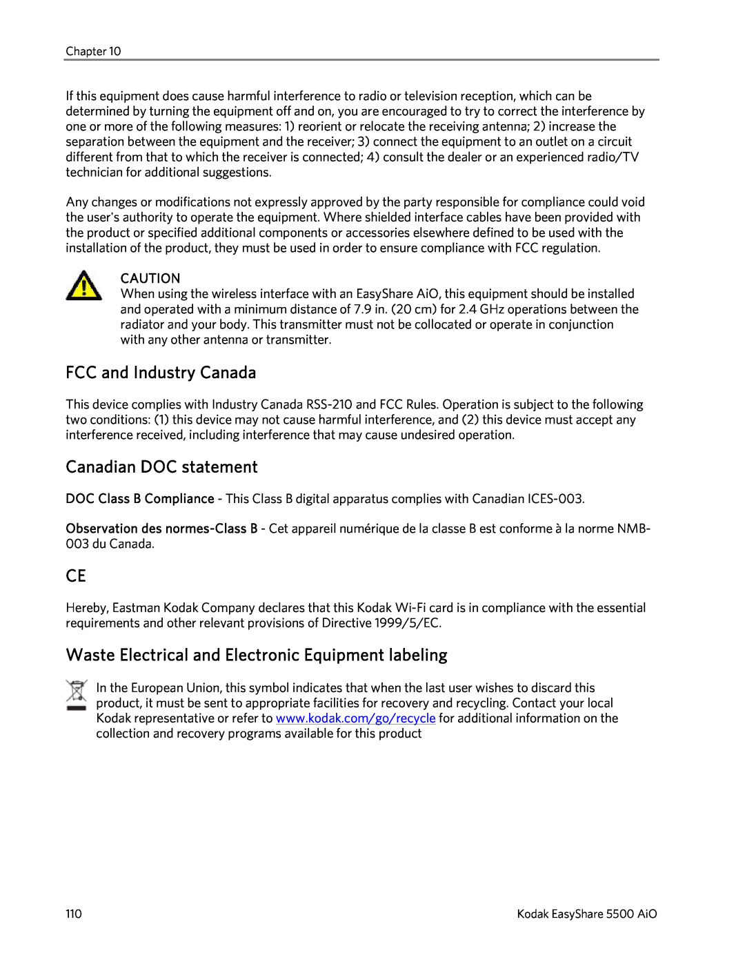 Kodak 5500 manual FCC and Industry Canada, Canadian DOC statement, Chapter 